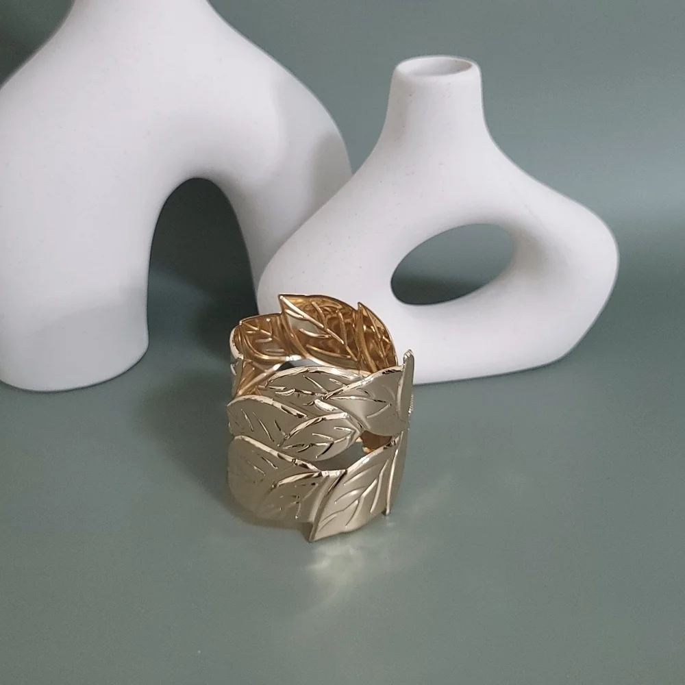 Stainless steel gold tone leaf chunky cuff bracelet